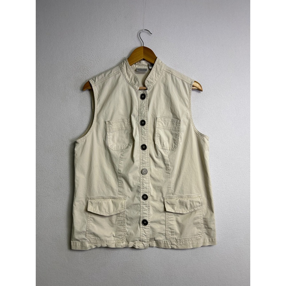 Utility Safari Gorpcore Chico's Womens Size 2 Large Beige Button Up Vest